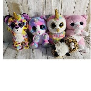 Beanie Boo Plush Unicorn Owl Leopard Kitty Cat Bundle, Stuffed Animals Set of 5
